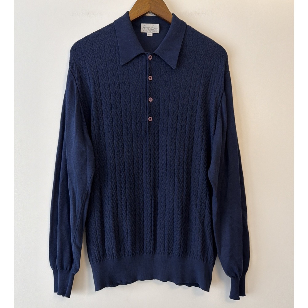 Barcelino Knit Textured Polo Sweater Sz L Blue Quiet Luxury Preppy Made in Italy